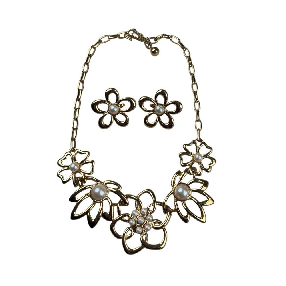 Vintage Marvella Faux Pearl Floral Necklace Clip Earrings Gold Tone Set